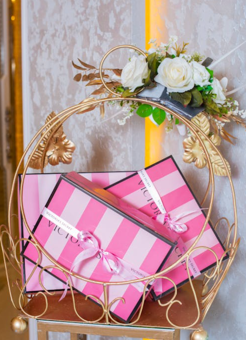 display featuring three pink victoria's secret boxes