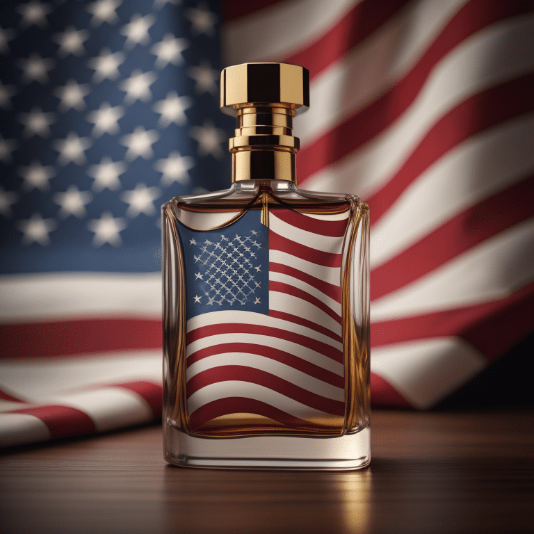 cologne bottle with gold cap in front of american flag