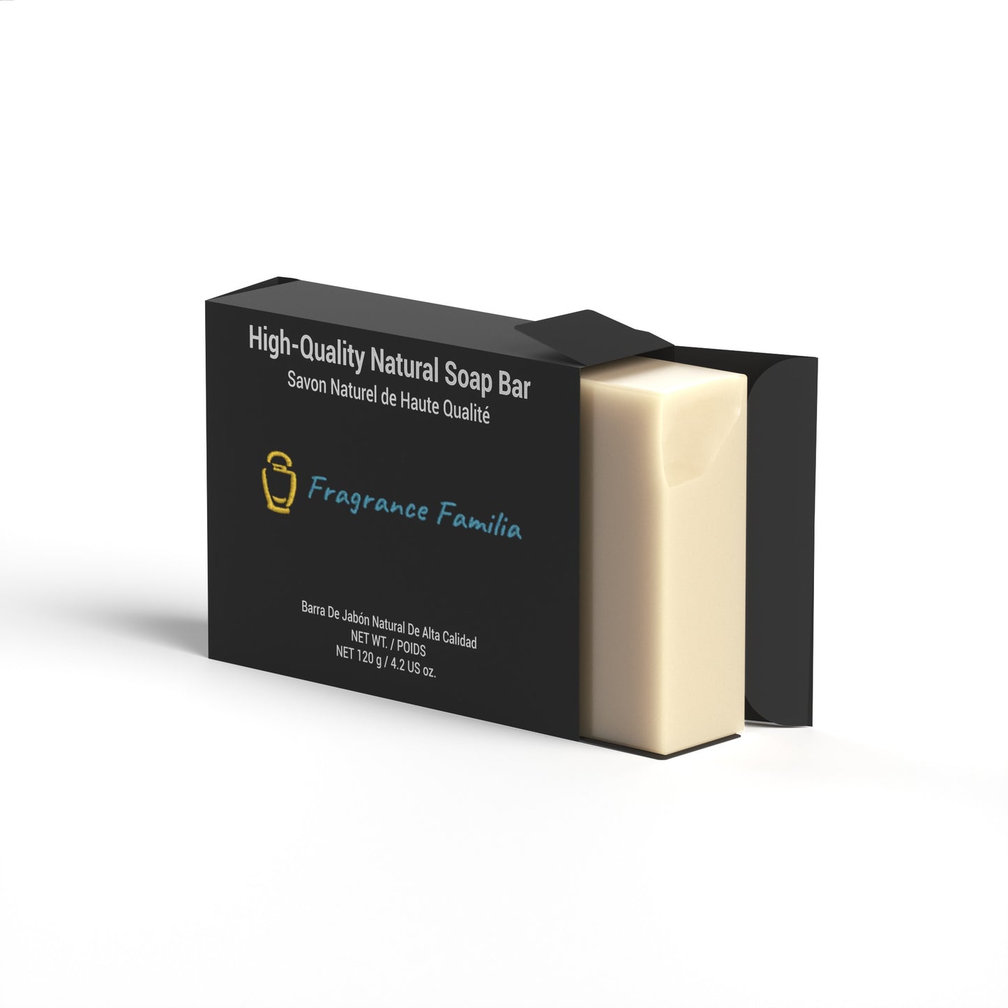 a bar of fragrance familia's turmeric soap contained in packaging