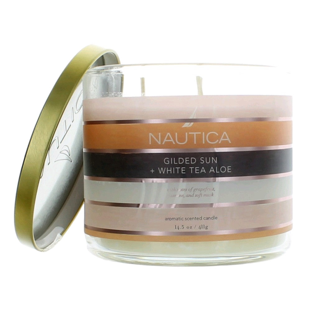 Jar of Nautica 14.5 oz Soy Wax Blend 3 Wick Candle - Gilded Sun & White Tea Aloe