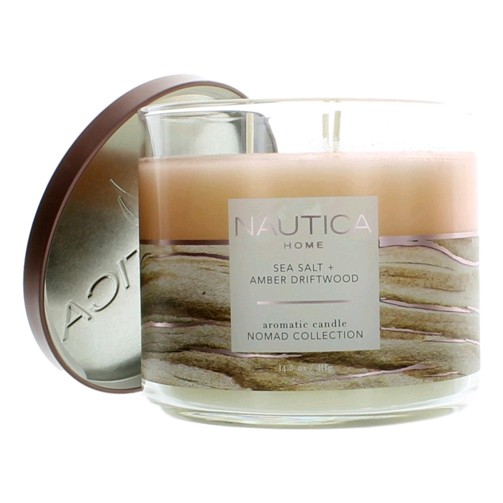 Jar of Nautica 14.5 oz Soy Wax Blend 3 Wick Candle - Sea Salt & Amber Driftwood
