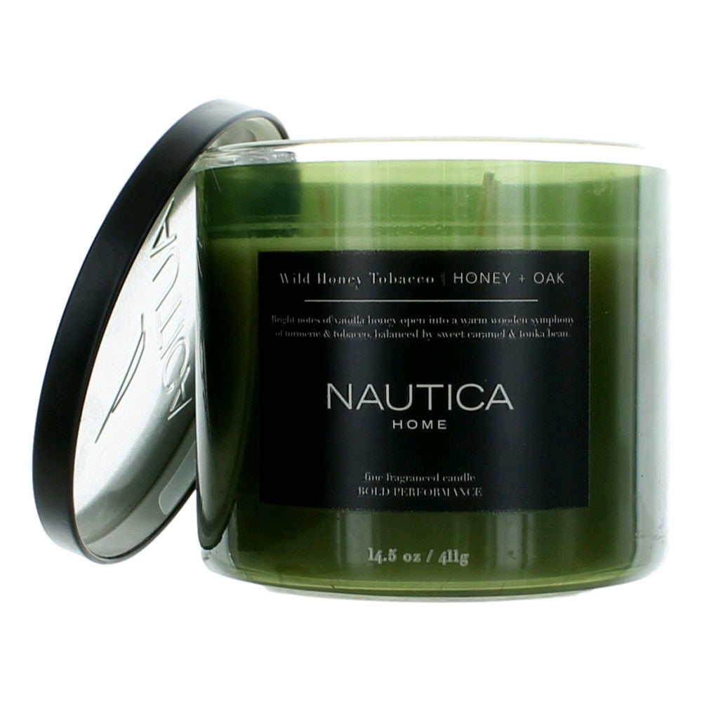 Jar of Nautica 14.5 oz Soy Wax Blend 3 Wick Candle - Wild Honey Tobacco Honey & Oak