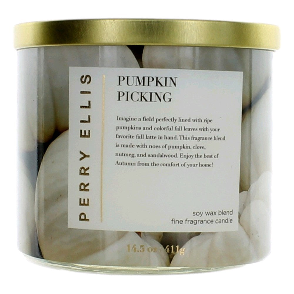 Bottle of Perry Ellis 14.5 oz Soy Wax Blend 3 Wick Candle - Pumpkin Picking
