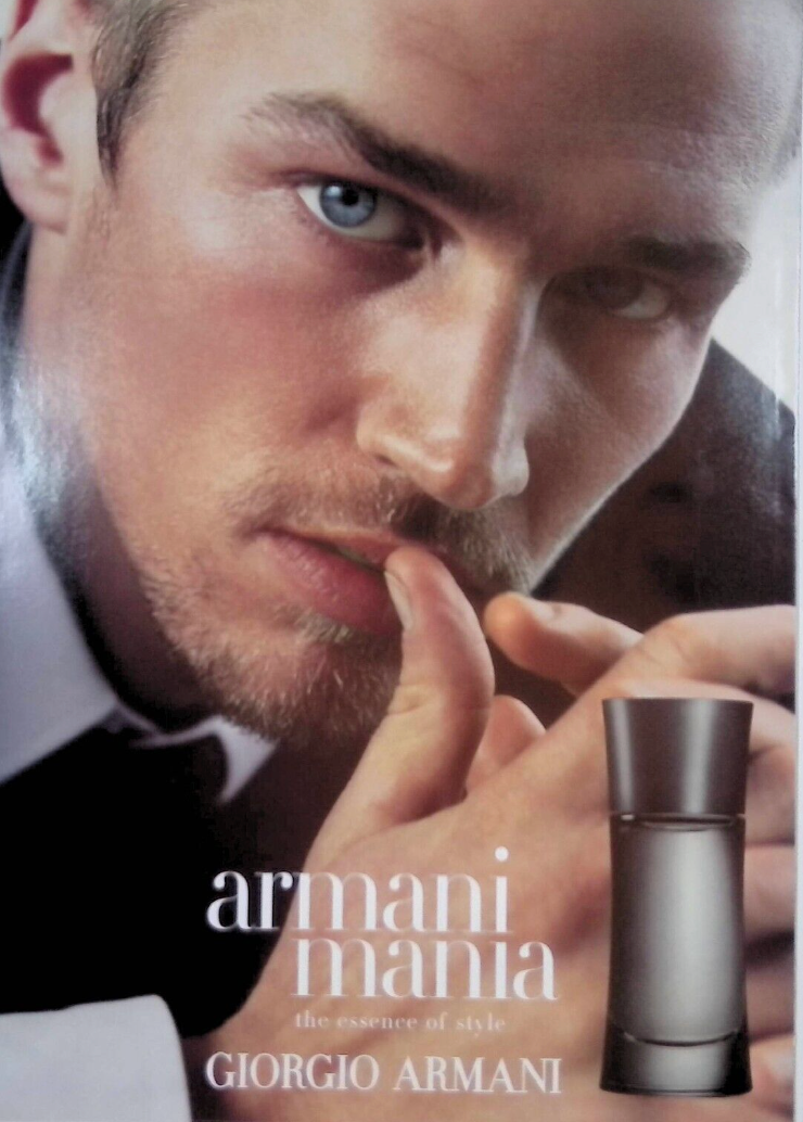 photo of a man with blue eyes posing for an Armani Mania ad campaign