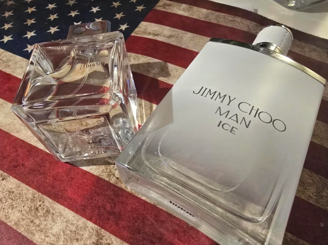 bottle of maison francis kurkdjian gentle fluidity silver and jimmy choo man ice on top of us flag mouse pad