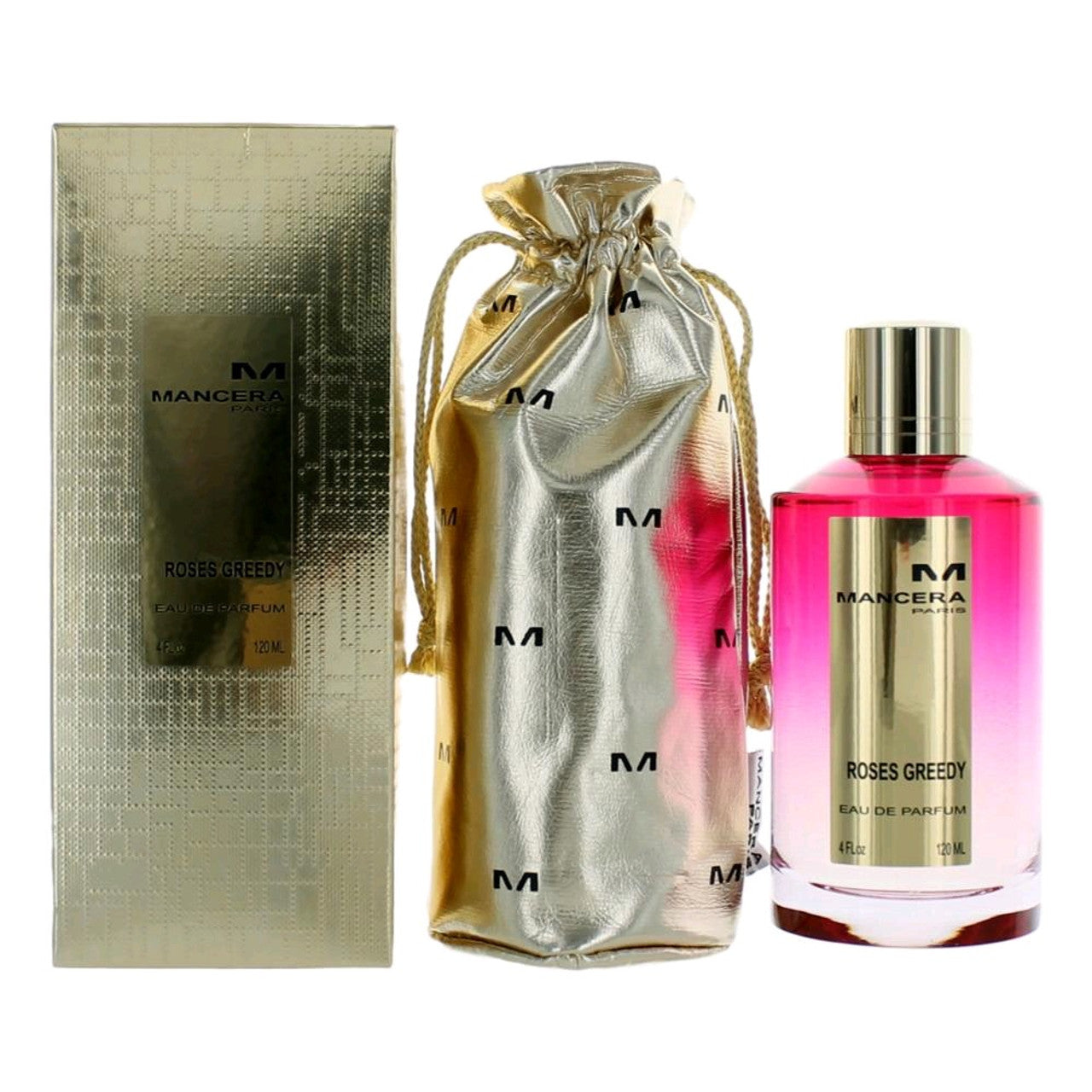 4 oz. bottle of mancera's roses greedy perfume along with gold packaging