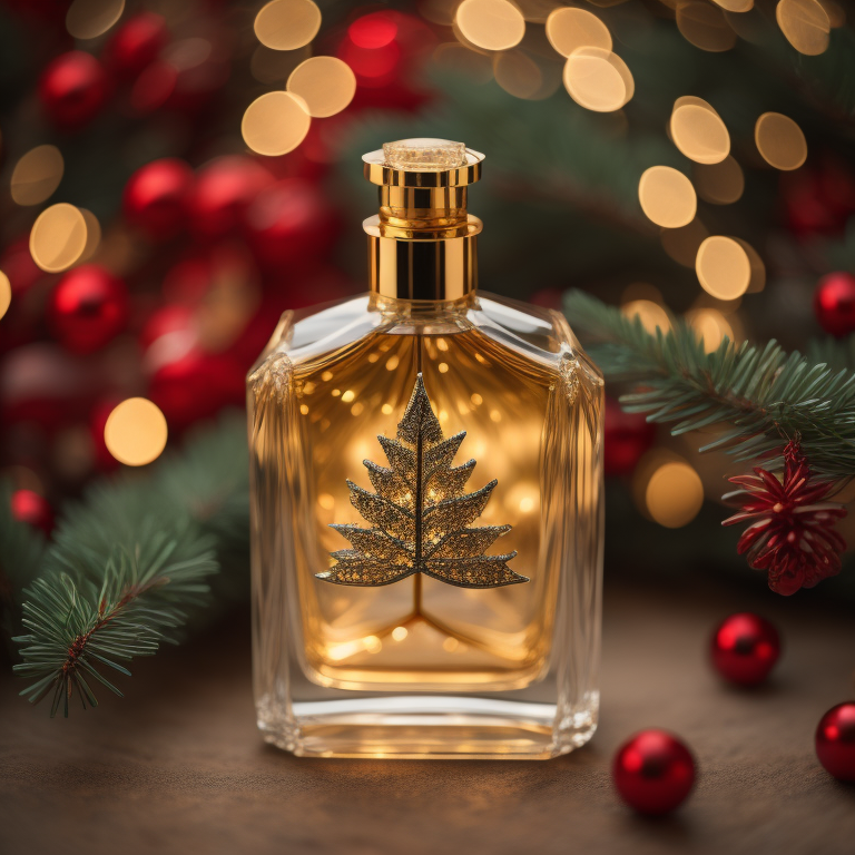 bottle of perfume with a christmas tree and ornaments behind