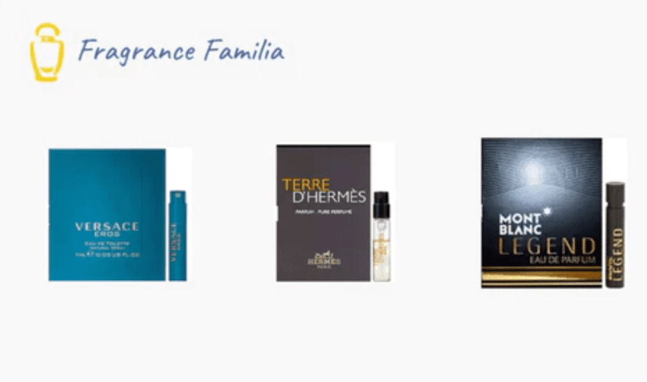 fragrance familia branded envelope with versace eros, terre d'hermes, and mont blanc legend cologne decant samples