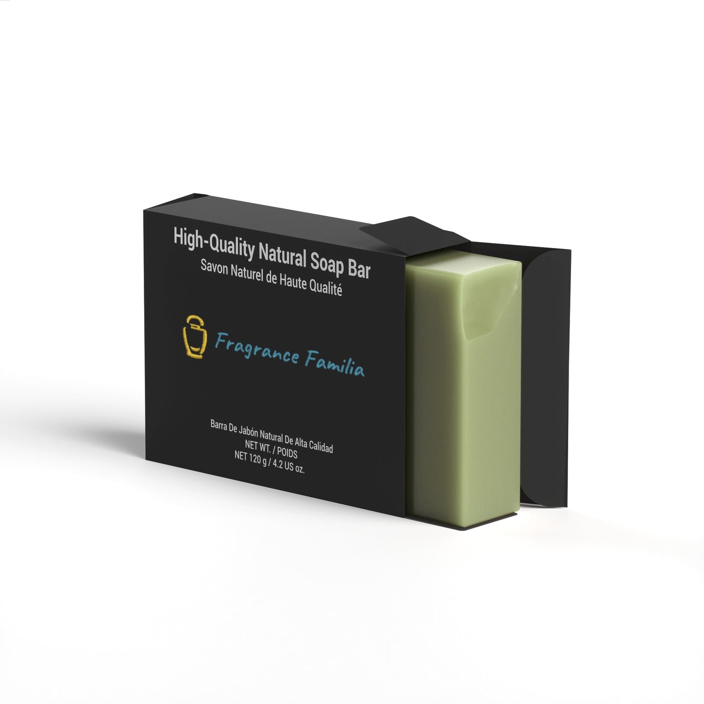 a bar of fragrance familia's organic basil soap contained in packaging