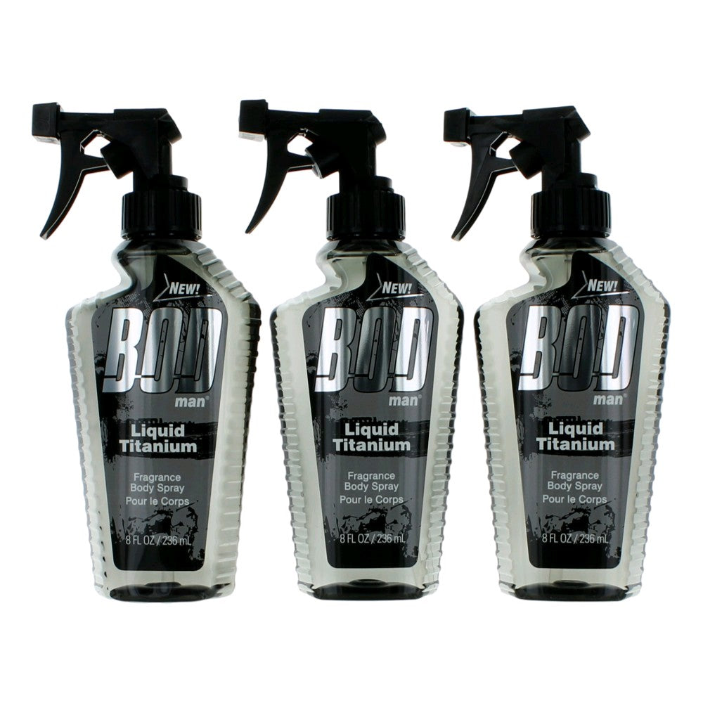 Bottle of Bod Man Liquid Titanium by Parfums De Coeur, 3 Pack 8 oz Fragrance Body Spray for Men