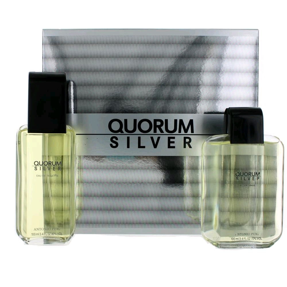 Bottle of Quorum Silver by Puig, 2 Piece Gift Set for Men