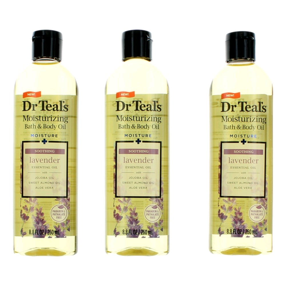 Bottle of Soothing Lavender Essential Oil by Dr. Teal's, 3 Pack 8.8 oz Moisturizing Bath & Body Oil