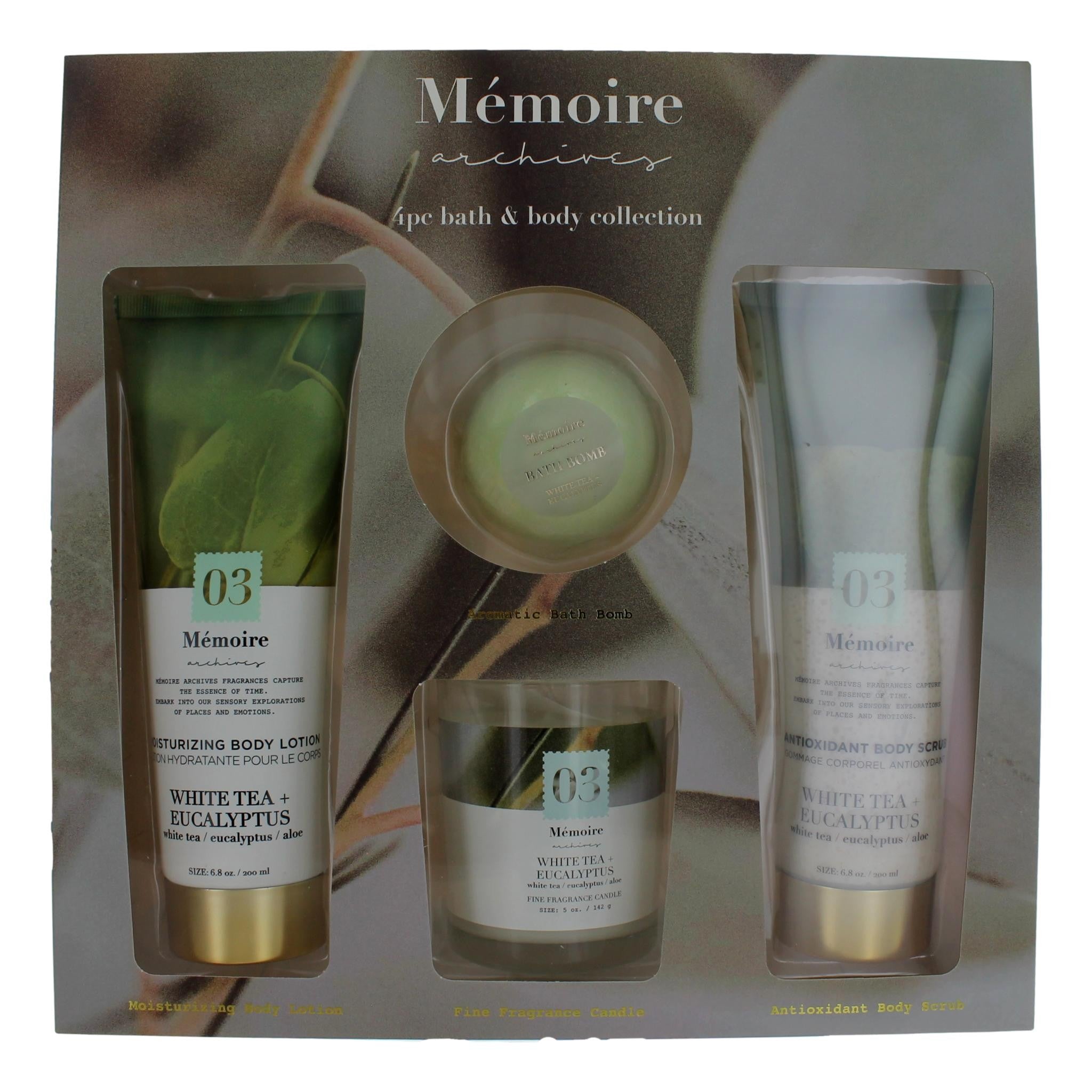 Bottle of White Tea + Eucalyptus by Memoire Archives, 4 Piece Bath & Body Set for Unisex