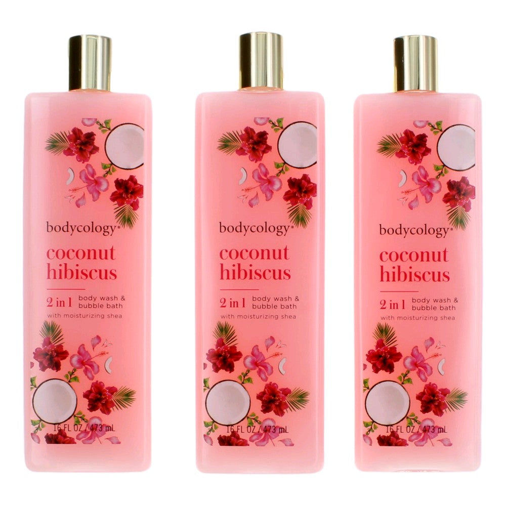 Bottle of Coconut Hibiscus by Bodycology, 3 Pack 16 oz 2 in 1 Body Wash & Bubble Bath for Women