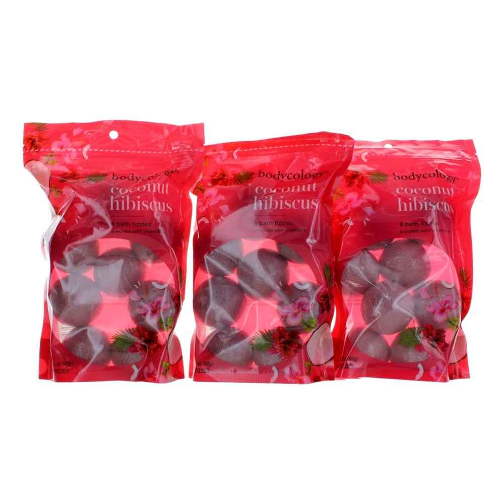 Bottle of Coconut Hibiscus by Bodycology, 3 Pack of 8 Bath Fizzies Total of 24