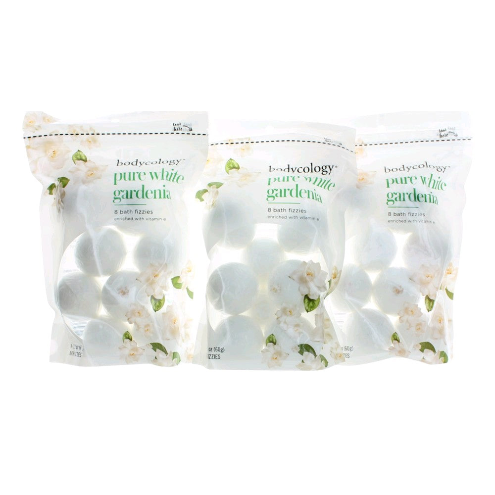 Bottle of Pure White Gardenia by Bodycology, 3 Pack of 8 Bath Fizzies Total of 24