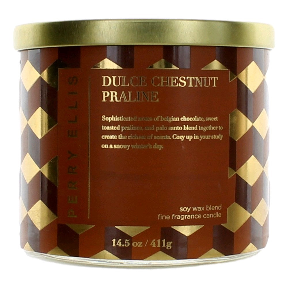 Bottle of Perry Ellis 14.5 oz Soy Wax Blend 3 Wick Candle - Dulce Chestnut Praline